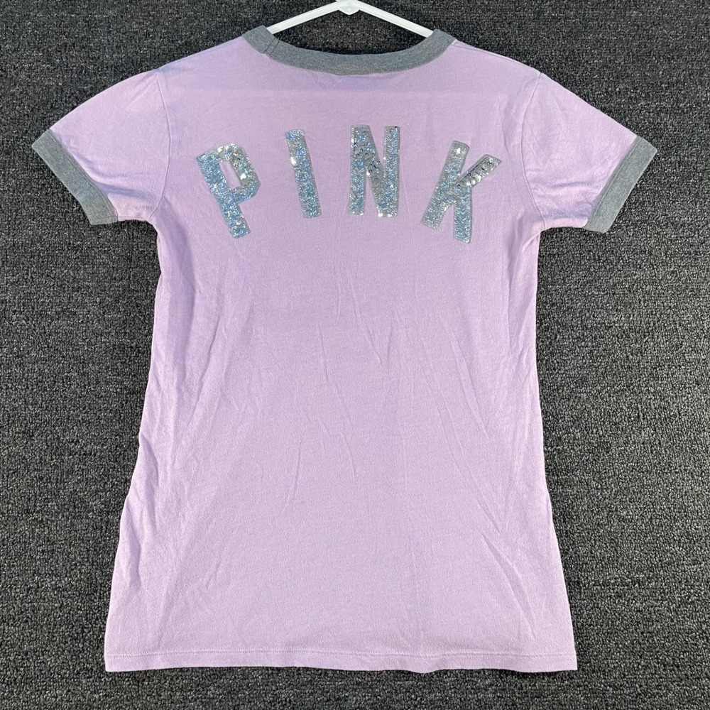 PINK Victoria's Secret Ringer Tee Womens XS Purple Good Sequin V-Neck Tee